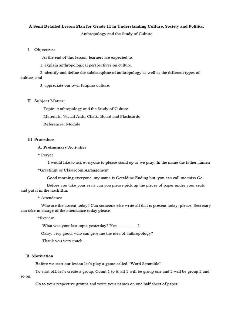 Grade 11 Anthropology Lesson Plan | PDF | Anthropology | Human