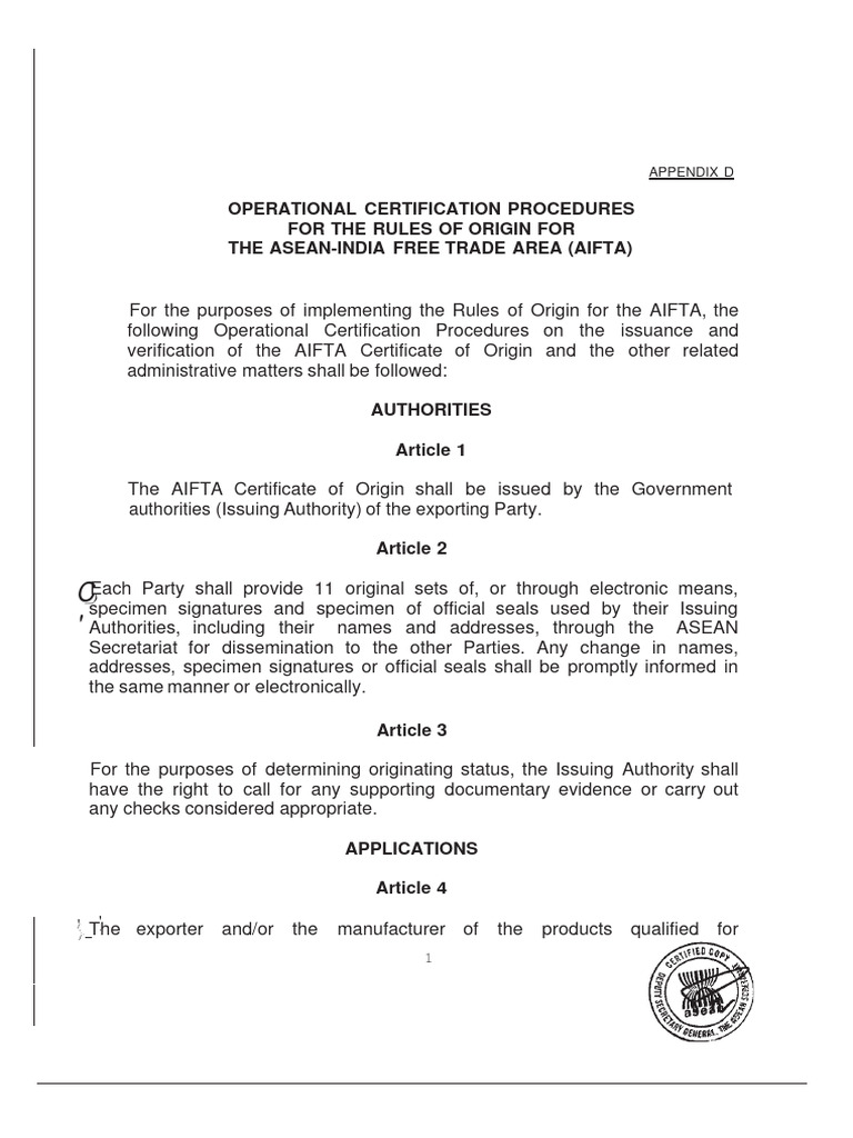 AIFTA Certificate of Origin Procedures | PDF | International Trade | Trade