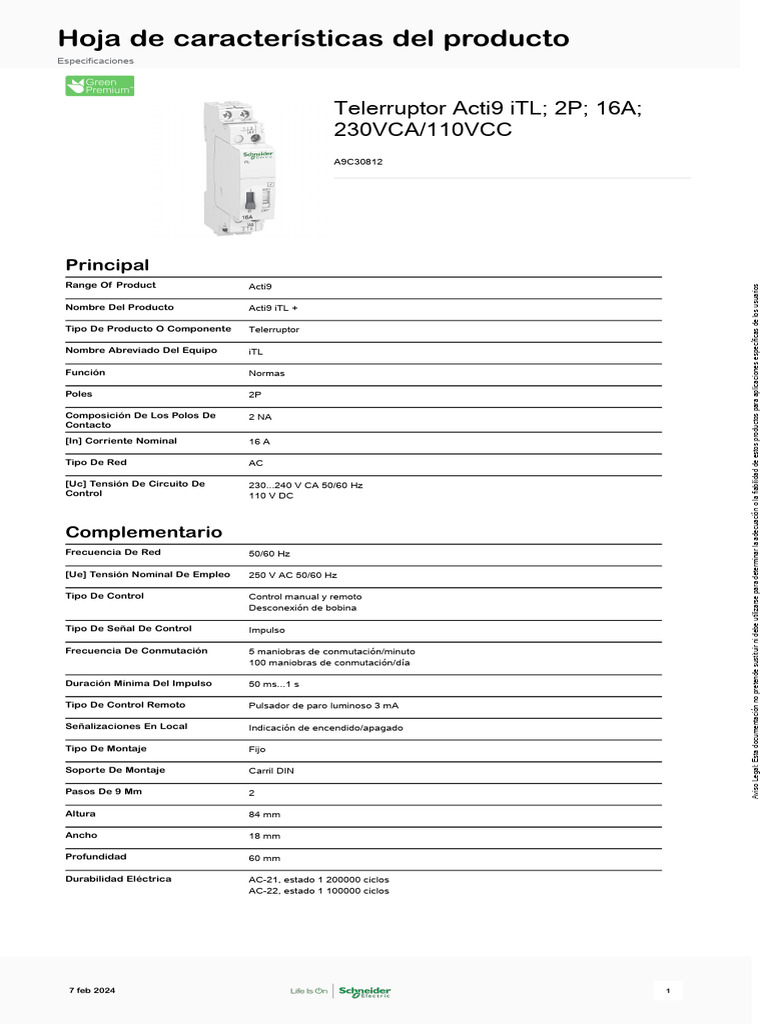 Télérupteur Schneider ITL 16A Référence A9C30812 - Pour Tableau Électrique - Neuf Sans Emballage