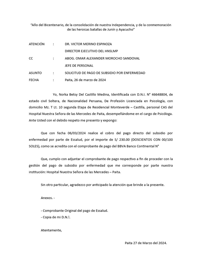 Modelo de Solicito Pago de Subsidio Por Enfermedad | PDF