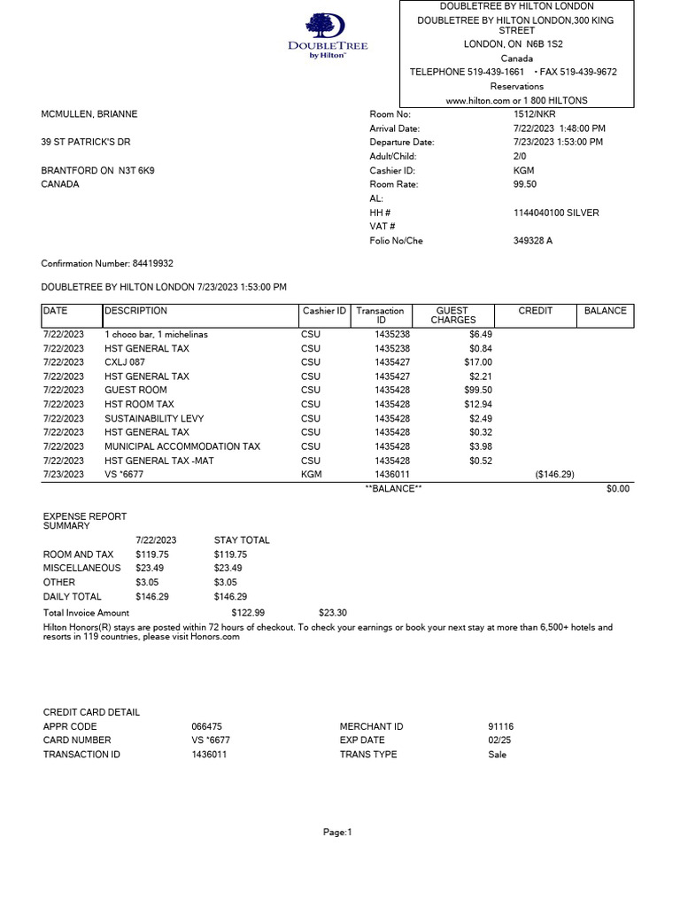 DoubleTree London Stay Invoice | PDF | Taxes | Money