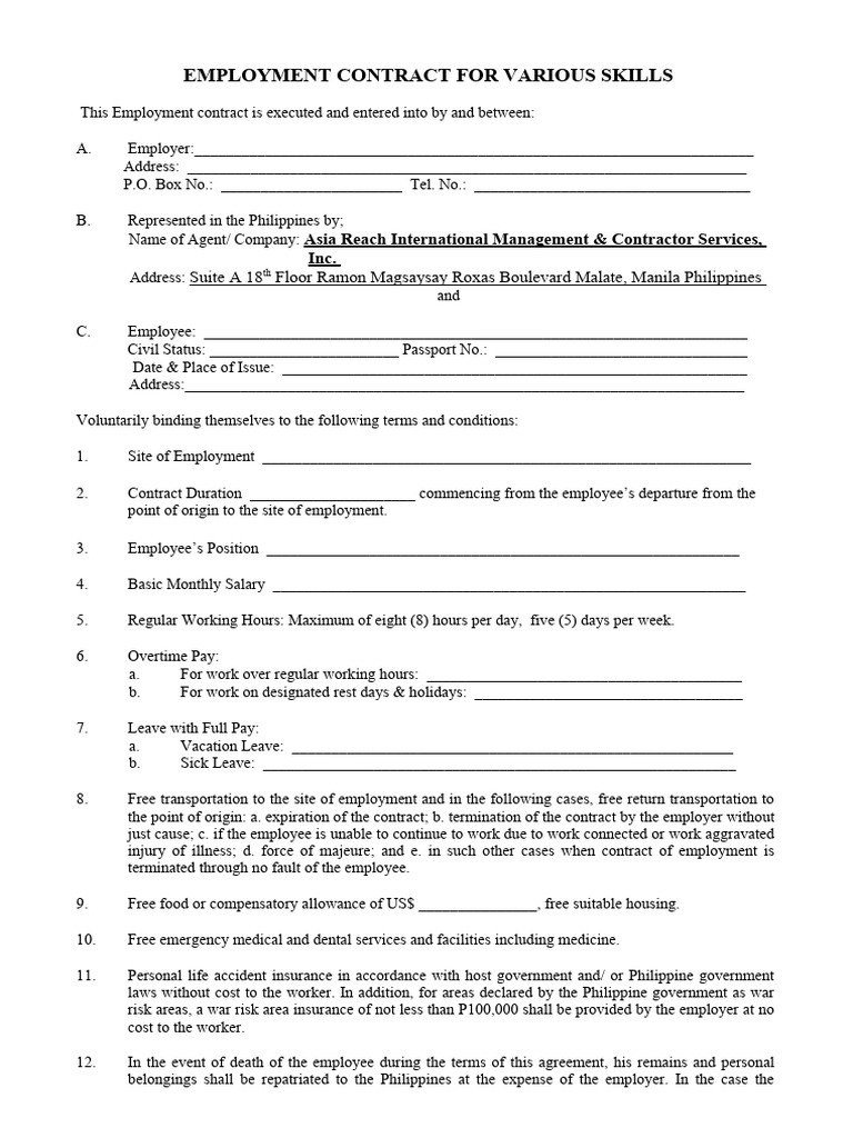 Standard Employment Contract Pdf Employment Working Time
