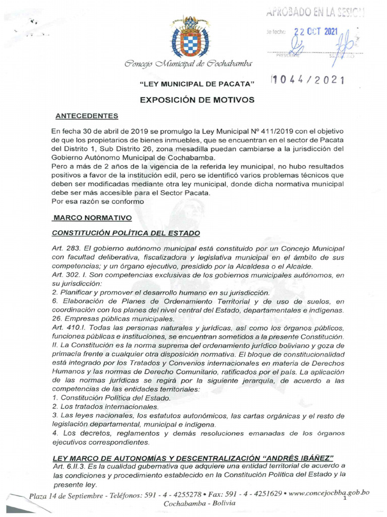 Ley - 1044 - 2021 Pacata | PDF | Alcalde | Constitución