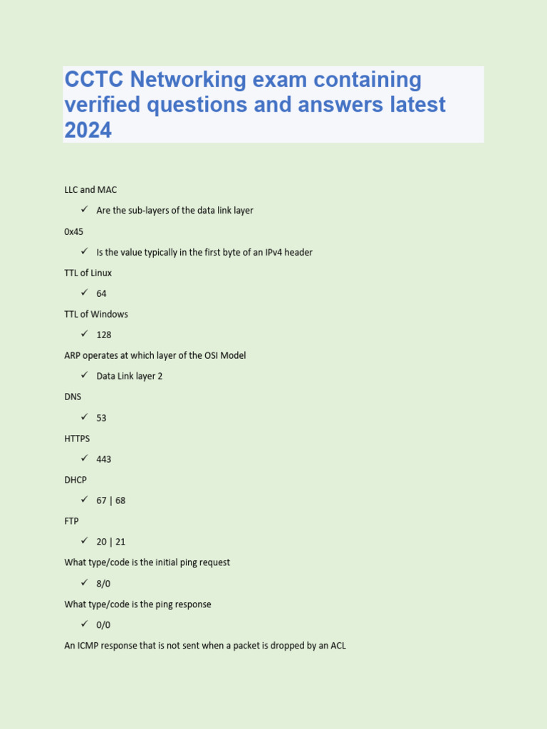 CCTC Networking Exam Containing Verified Questions and Answers Latest