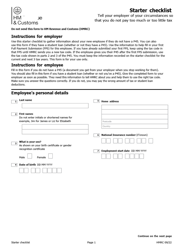 Starter Checklist HMRC Download Free PDF Pension Public Finance