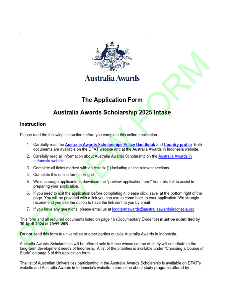Preview Form Australia Awards Scholarships Application Form PhD and