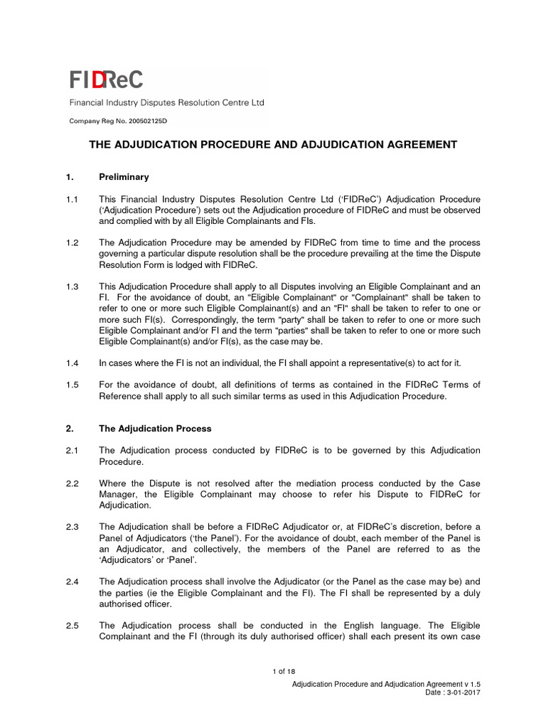 ADJUDICATION PROCEDURE AND ADJUDICATION AGREEMENT V 1.5 PDF Adjudication Mediation