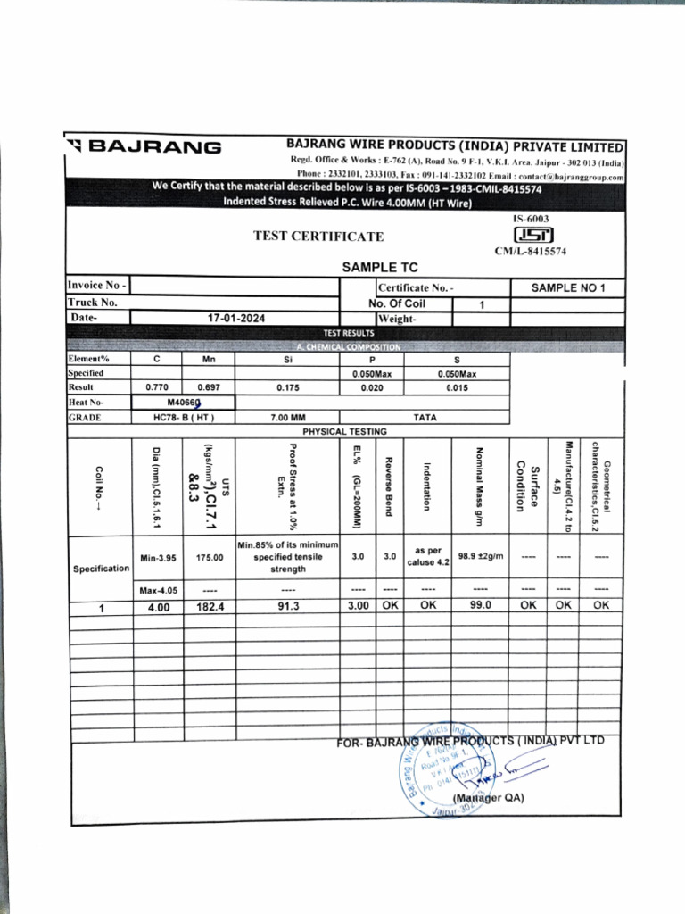 Test Certificate for P.C. Wire | PDF | Ultimate Tensile Strength ...