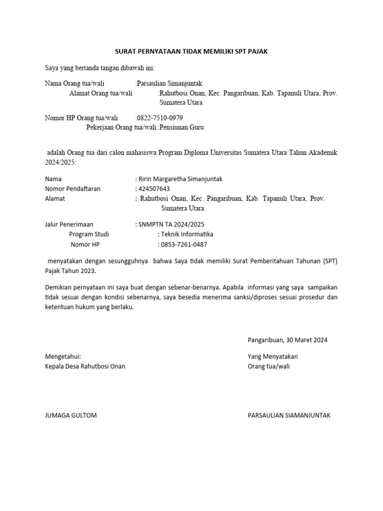 Surat Pernyataan Tidak Memiliki SPT Pajak | PDF