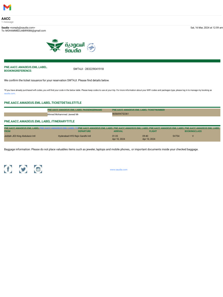 Saudia Flight Ticket Confirmation | PDF