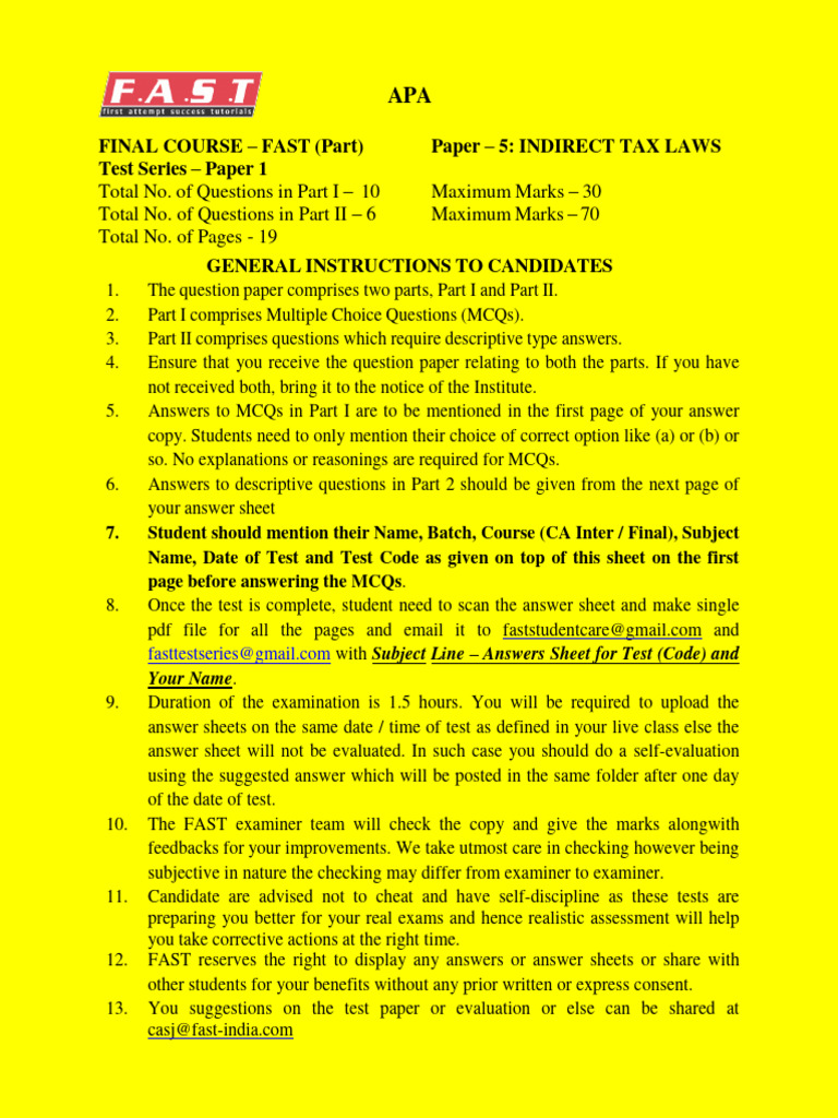 Indirect Tax Laws Test Series Paper | PDF | Multiple Choice | Taxes