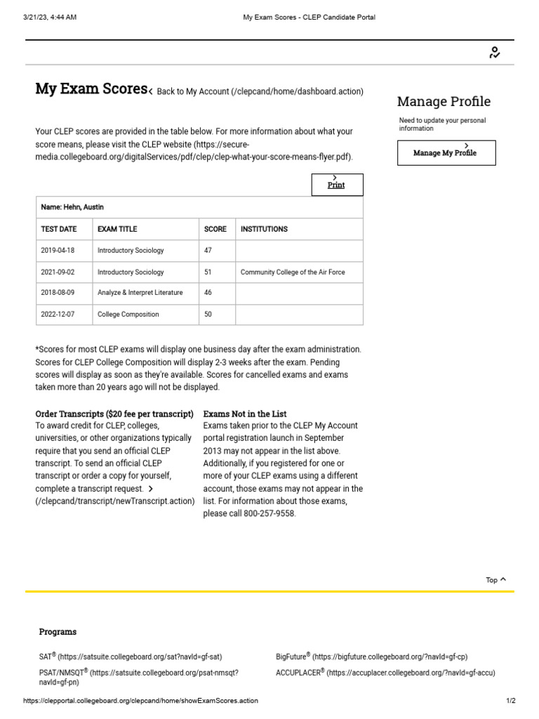 Clep scores pdf college level examination program tests