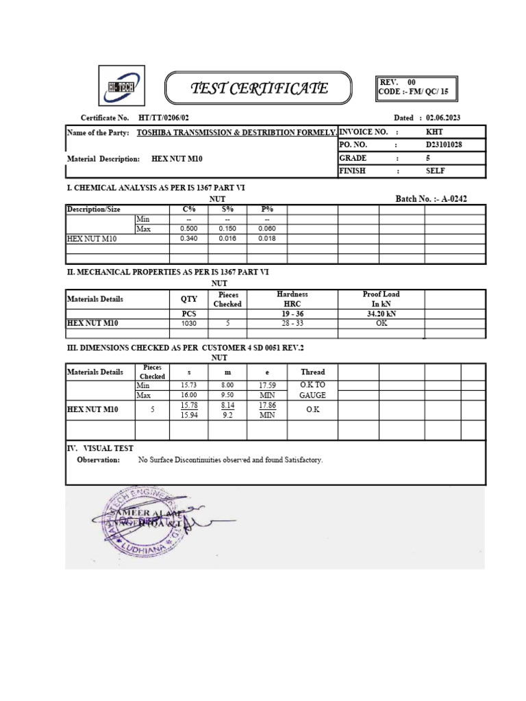 Test Certificate: Batch No.:-A-0242 | PDF