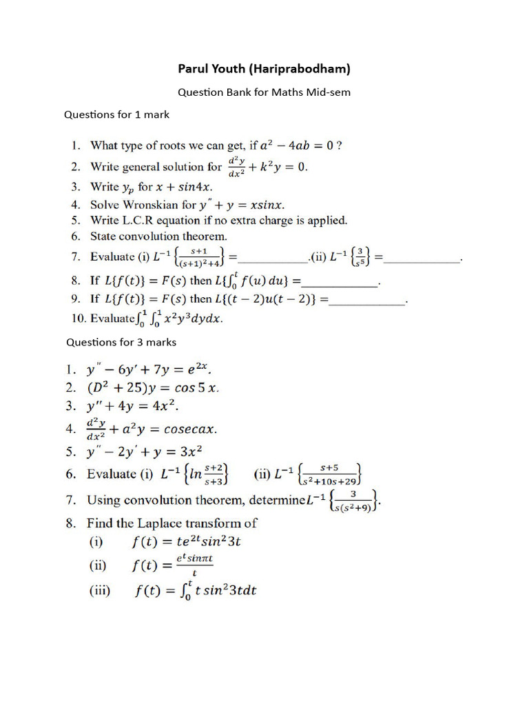 Maths Mid-Sem Question Bank | PDF