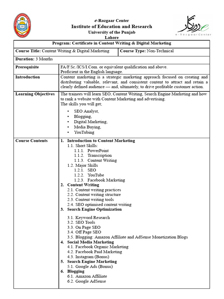 Content Writing Course in Lahore | PDF | Search Engine Optimization ...
