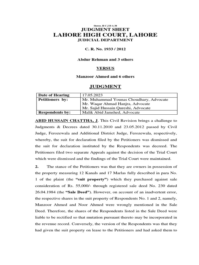 Lahore High Court Civil Revision 1933/2012 | PDF | Lawsuit | Judgment (Law)