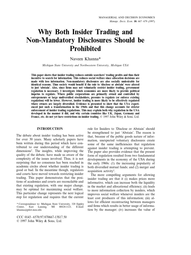 Why Both Insider Trading and Non-Mandatory Disclosures Should Be ...