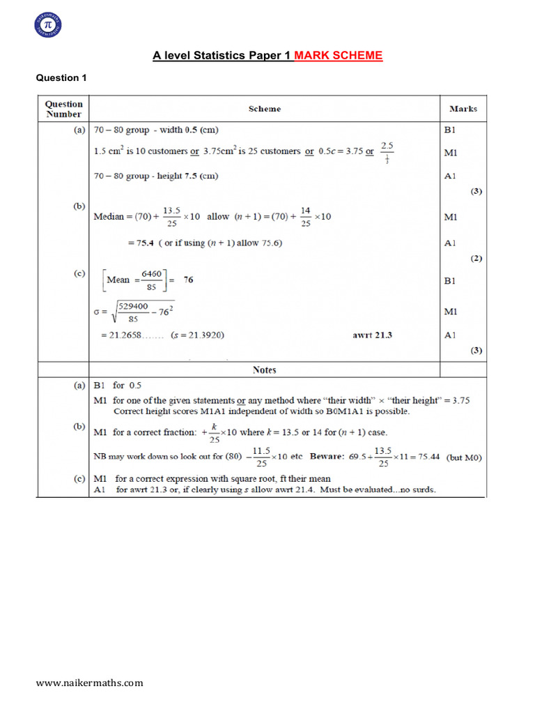 A Level Statistics Paper 1 Mark Scheme | PDF | Statistics | Applied ...