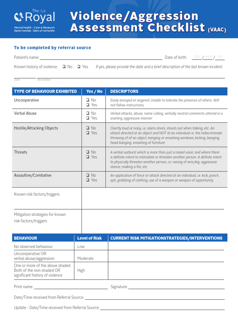 Violence/Aggression Assessment Checklist | PDF | Aggression | Violence