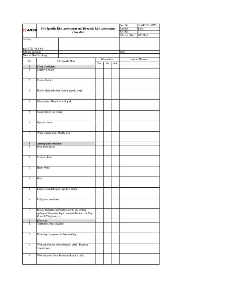 Site-Specific Risk Assessment Checklist | PDF | Risk