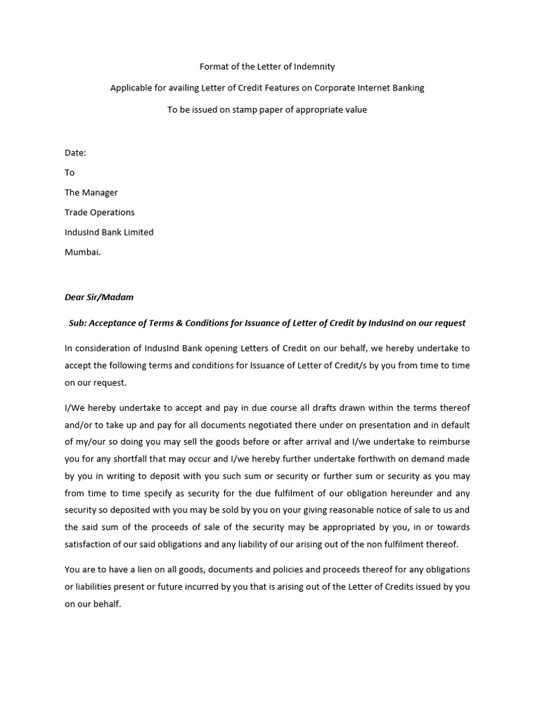 Letter of Indemnity for LC Issuance | PDF | Letter Of Credit | Credit