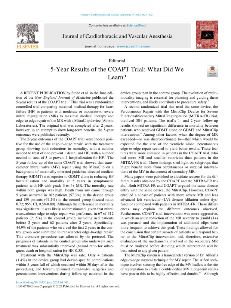 5 Year Results of The COAPT Trial What Did We Lea | PDF | Coronary ...