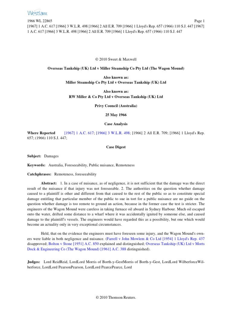 Wagon Mound 2 PDF Legal Concepts Civil Law (Legal System)