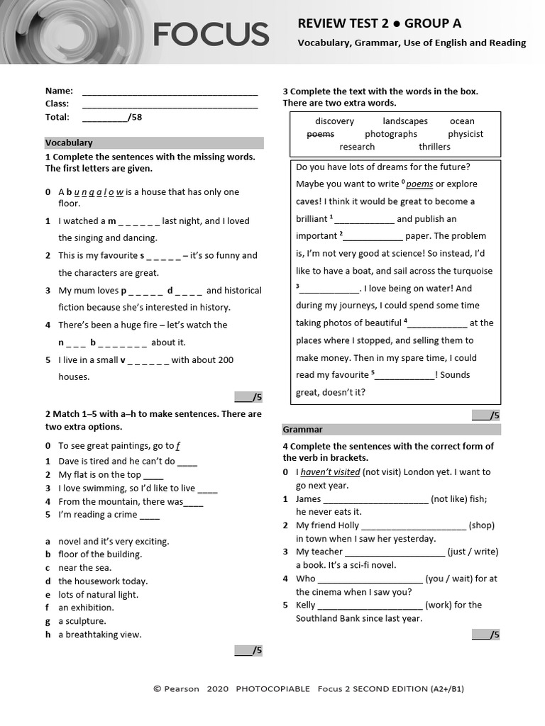 Focus2 2E Review Test 2 Units1 4 Vocabulary Grammar UoE Reading GroupA ...