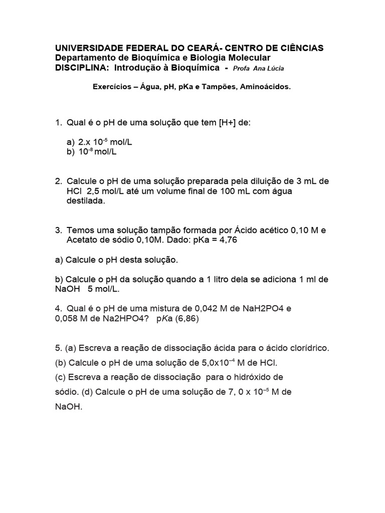 Exercícios - Água, PH, Pka, Tampões e Titulação de Aminoácidos | PDF |  Solução-tampão | Ph, image size:768x1024