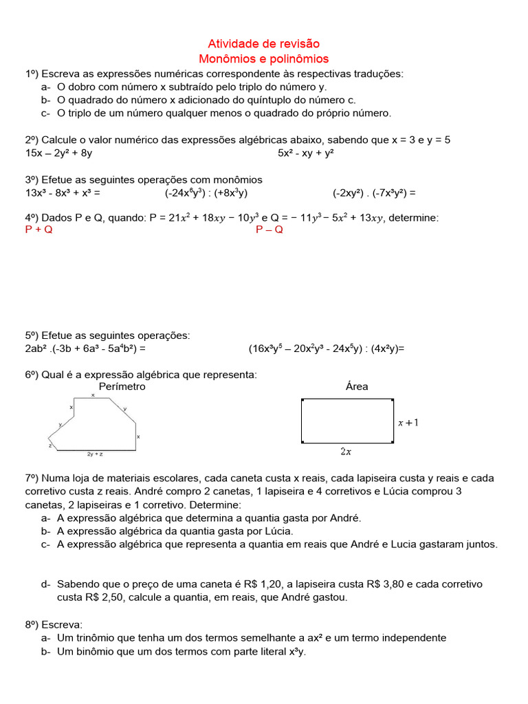 Exercícios de Monômios e Polinômios | PDF | Métodos e Materiais de Ensino
