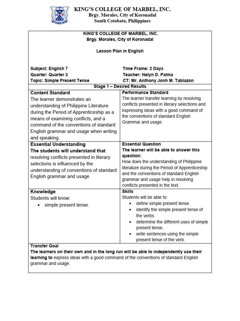 English 7 Lesson Plan: Simple Present Tense | PDF | Subject (Grammar ...
