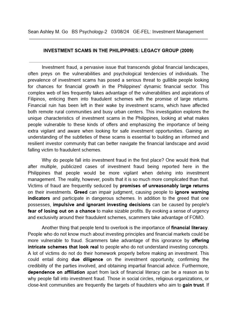 Investment Scams in The Philippines PDF Fraud Securities Fraud