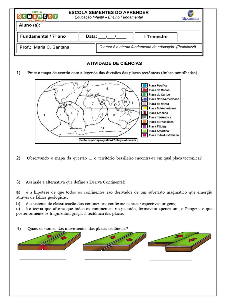 Atividades sobre Placas Tectônicas 7º Ano | PDF | Ciências e Matemática