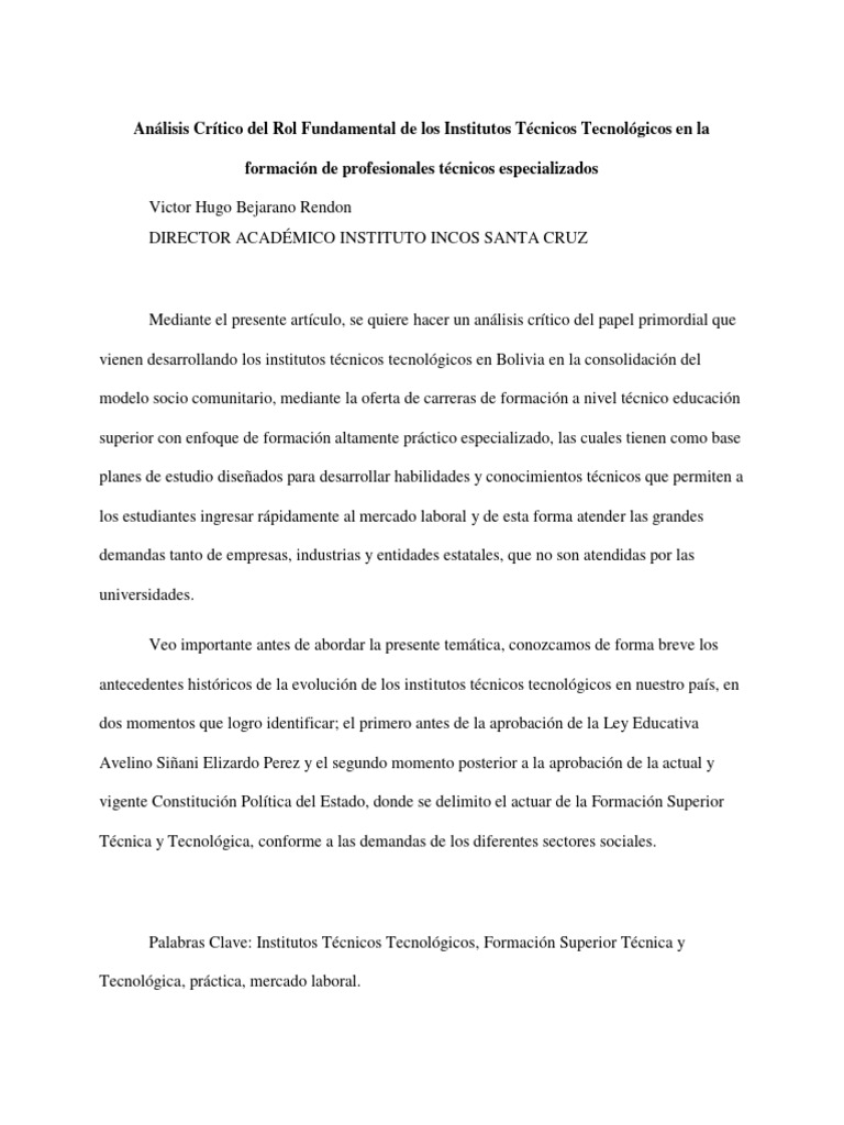 An lisis cr tico del rol fundamental de los institutos t cnicos
