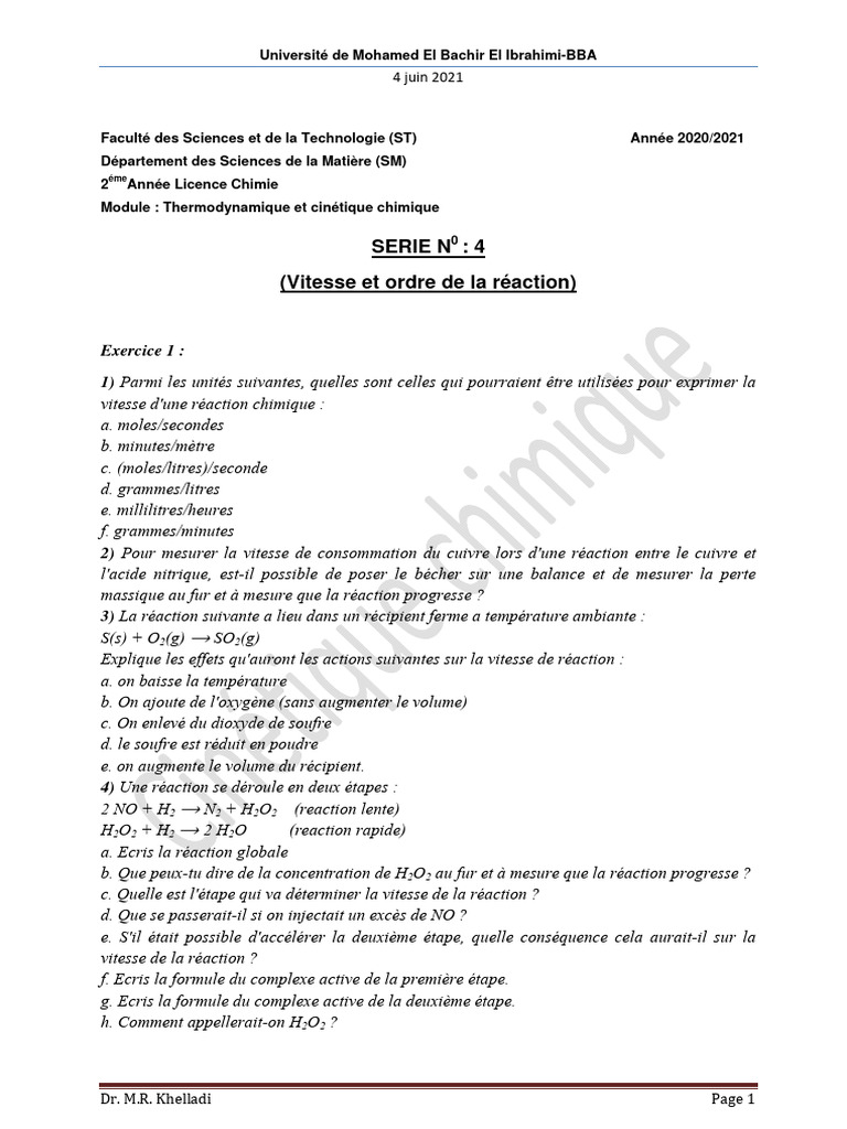Vitesse et Ordre des Réactions Chimiques | PDF | Cinétique chimique ...