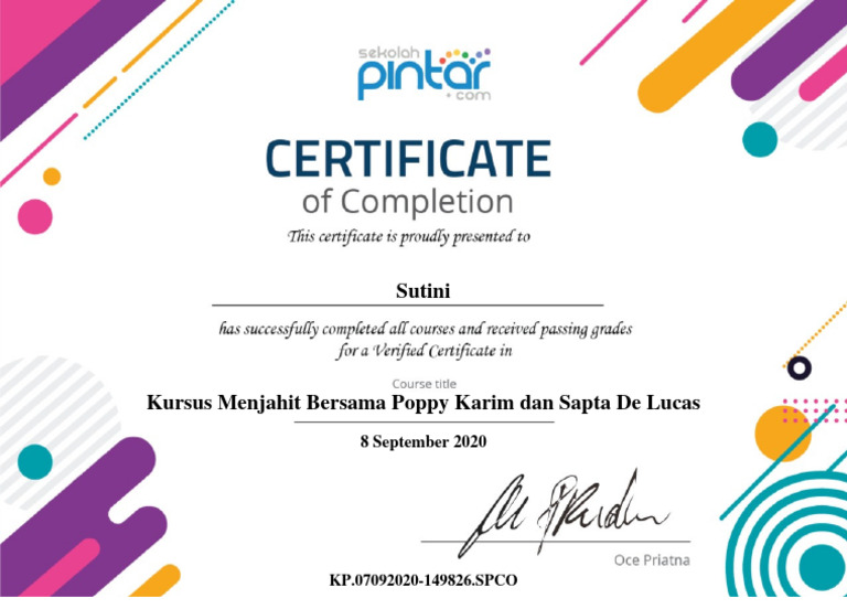 Sertifikat Sutini Kursus Menjahit Bersama Poppy Karim Dan Sapta de