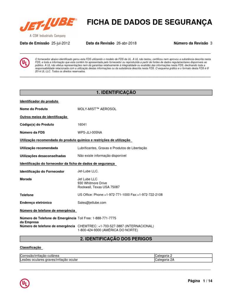 FISPQ Moly Mist Spray (JetLube) PDF Solubilidade Densidade