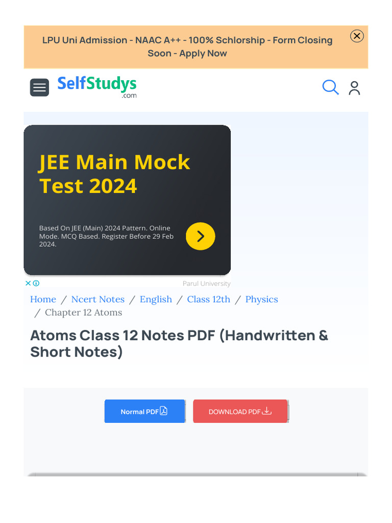 Atoms Class 12 Notes Pdf Handwritten Short Notes Download Free