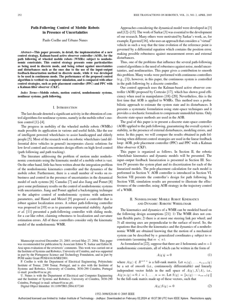 Kalman-Based Control for Mobile Robots | PDF | Control Theory | Kalman ...