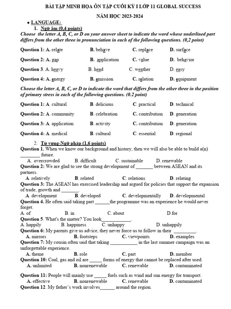 Final Exam Review for Grade 11 Global Success | PDF | Fuels | Energy ...