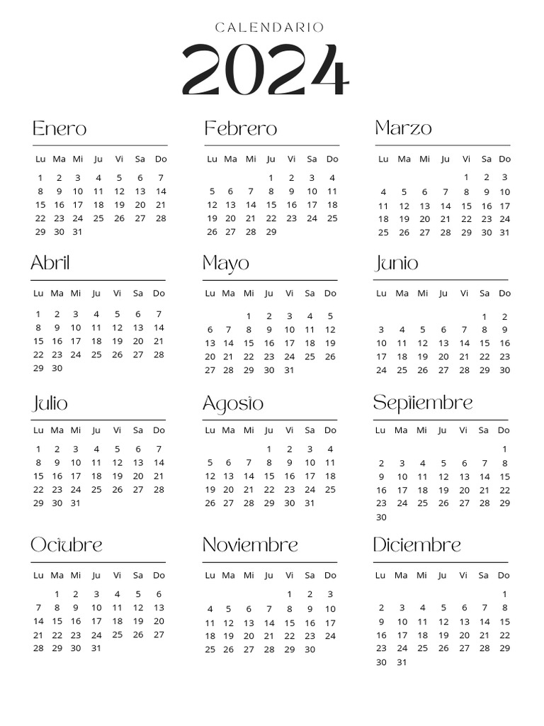 Documento A4 Calendario Anual 2024 Simple Blanco y Negro | PDF
