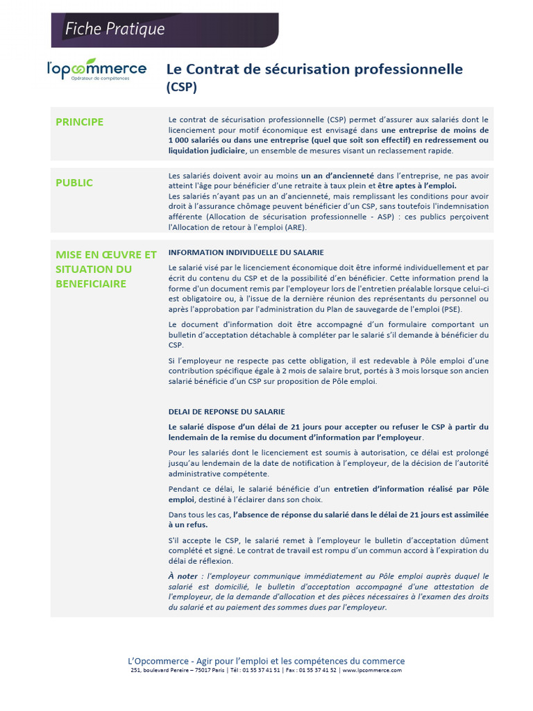 Contrat de Sécurisation Professionnelle | PDF | Travail | Emploi