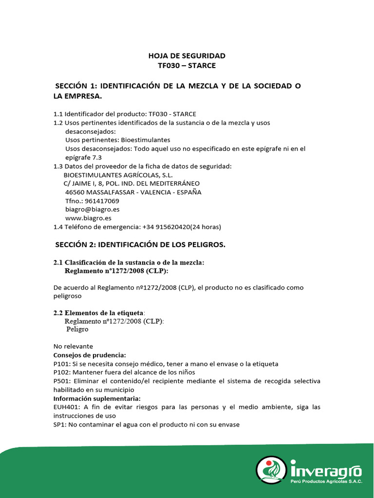Hoja de Seguridad TF030 - STARCE | PDF | Residuos | Química