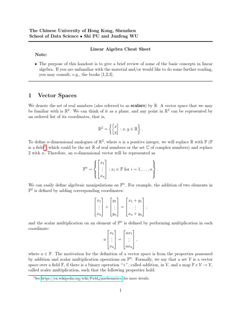 Linear Algebra Cheat Sheet | Download Free PDF | Linear Map | Vector Space