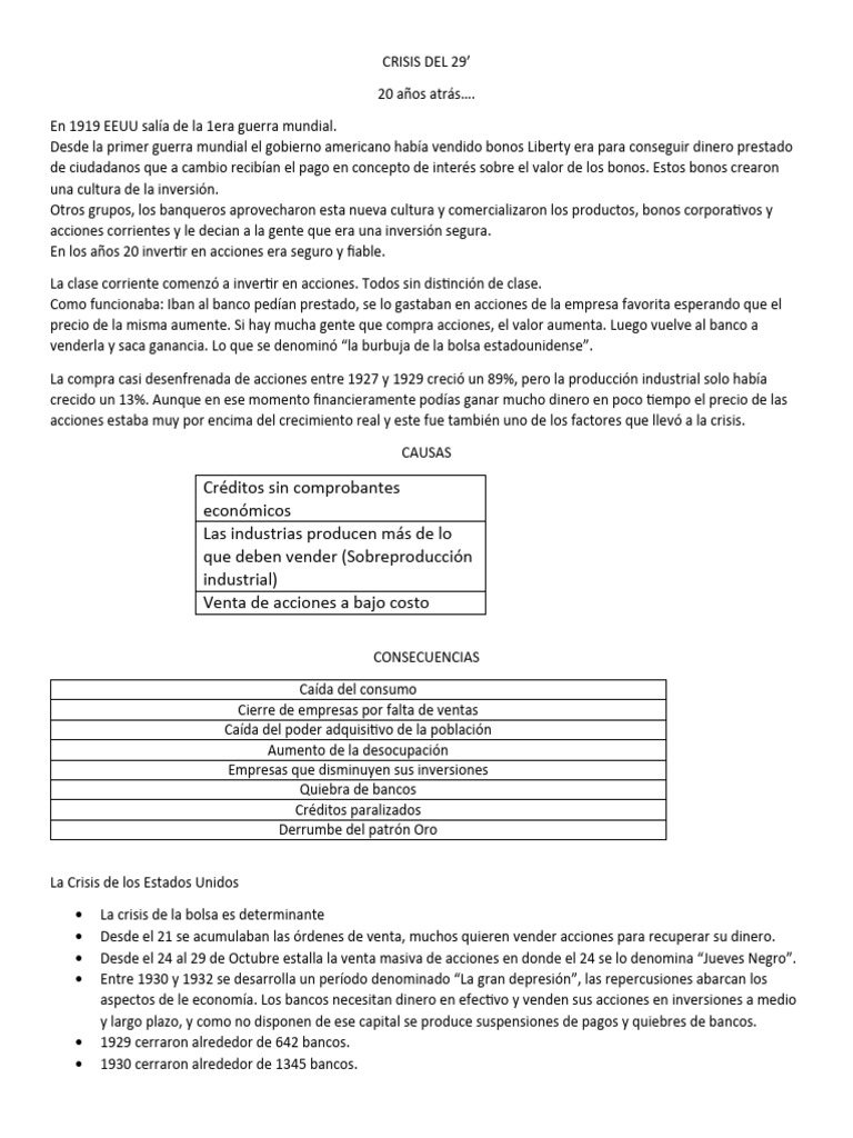 Causas y Consecuencias de la Crisis del 29 | PDF | Gran depresion ...