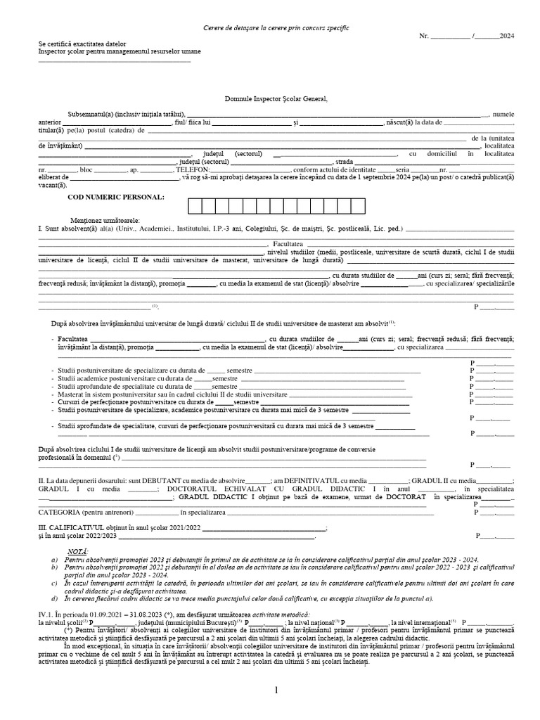 09 - Cerere - Detasare La Cerere Prin Concurs Specific - 2024-2025 | PDF