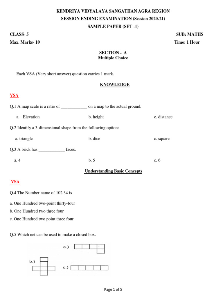 Class 5 Maths Sample Paper | PDF