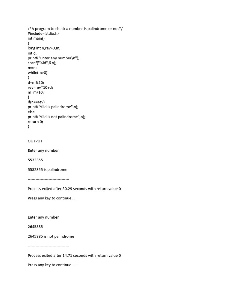 Palindrome Number Checker Program | PDF | Technology & Engineering