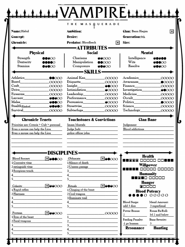 Vampire Character Sheet Template | PDF