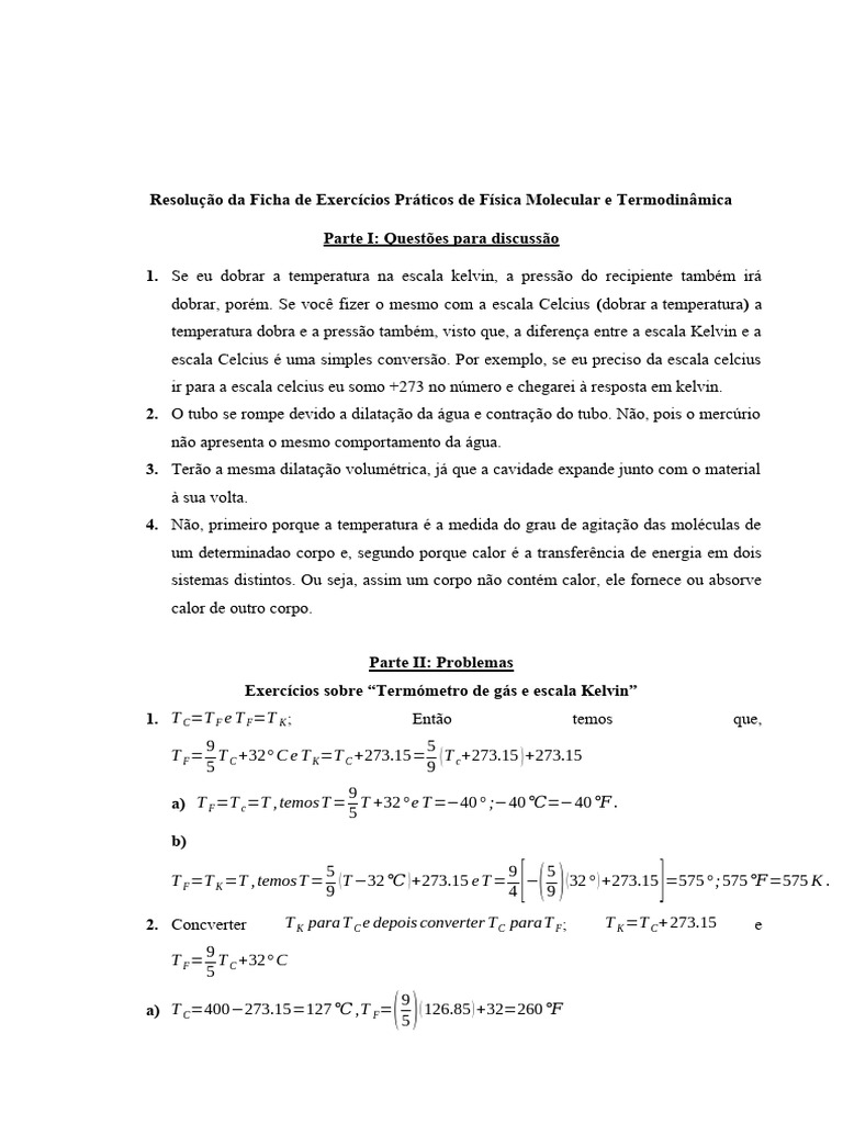Exercícios de Termodinâmica e Calor | PDF | Temperatura | Gases